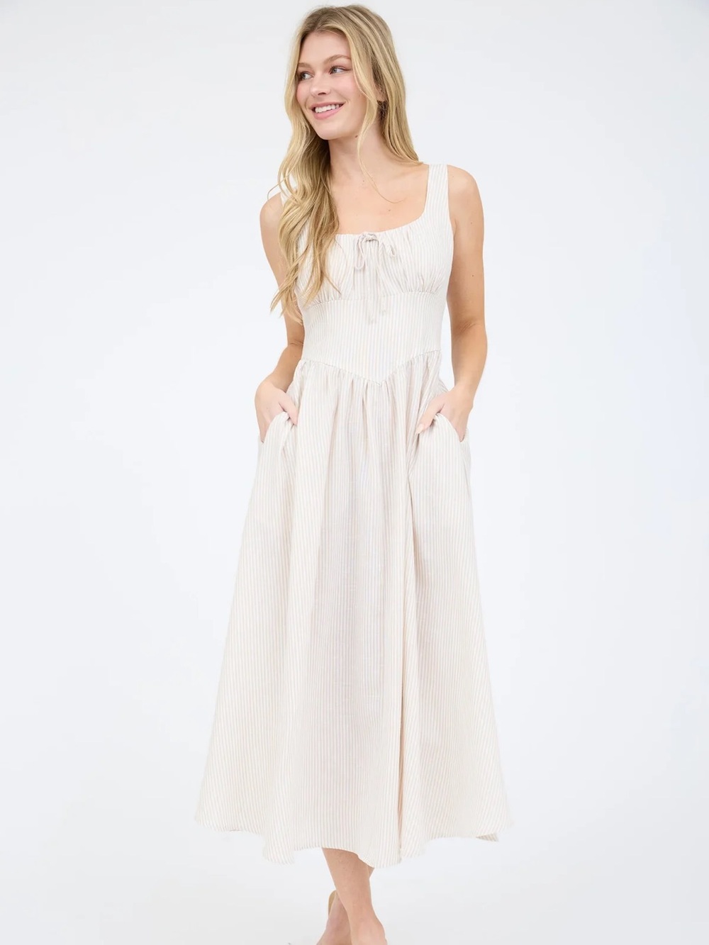 Cream Striped Corset Midi Dress